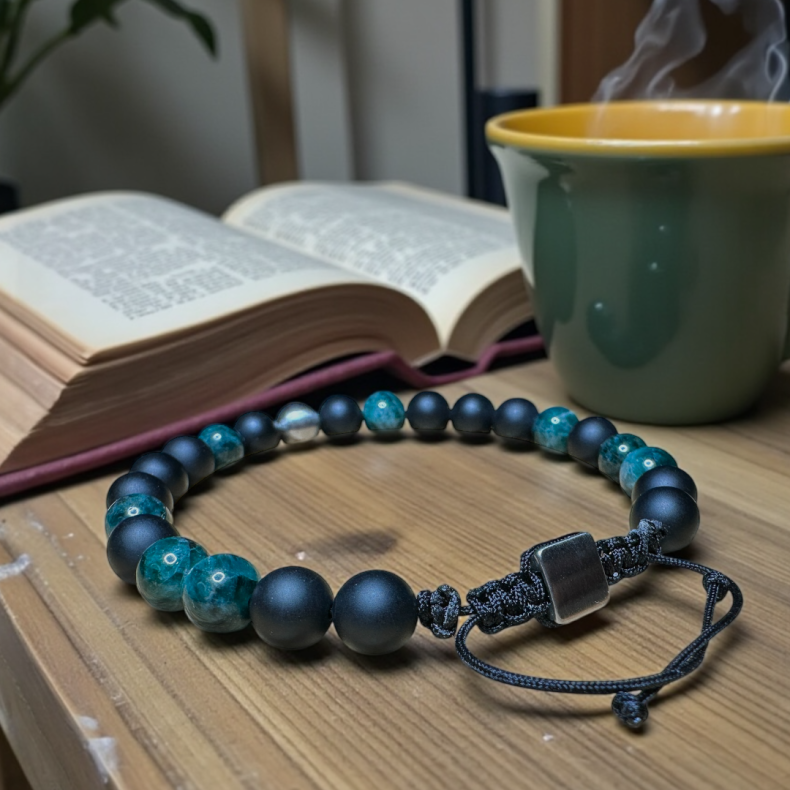 Grn apatit armbnd med sorte snor p trbord